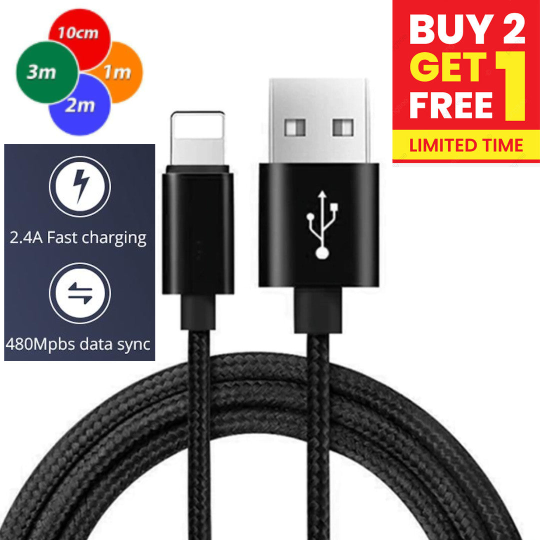 For iPhone Charger Cable Heavy Duty Braided USB Charging Lead Data Sync 1M 2M 3M