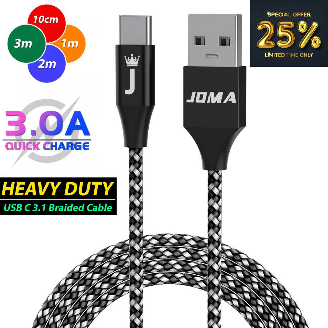 USB A to Type C Cable 3A 60W Fast Charger Braided Long Lead 0.25M 1M 2M 3M