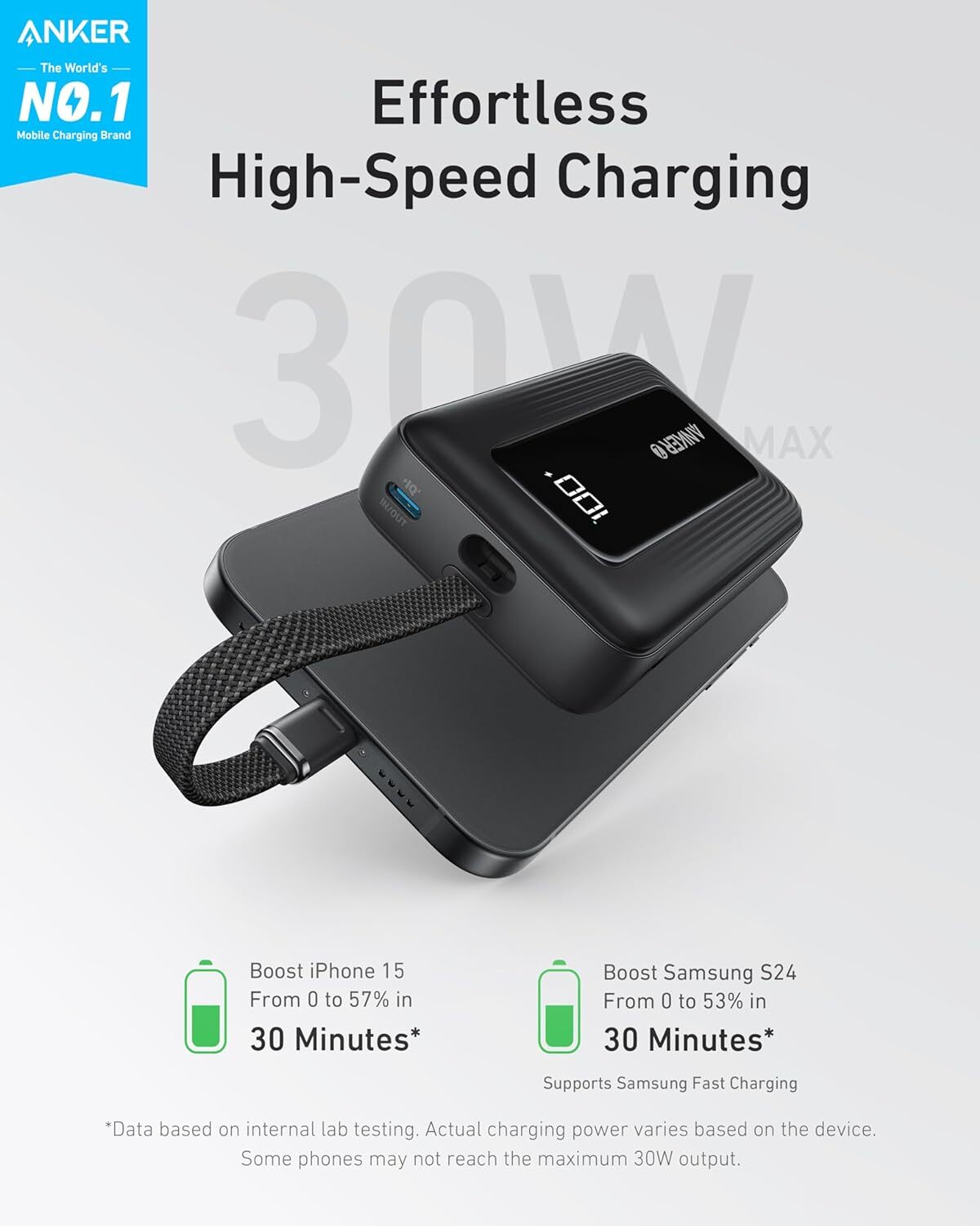 Anker Power Bank 10000mAh 30W High-Speed Portable Charger Built-In Cable