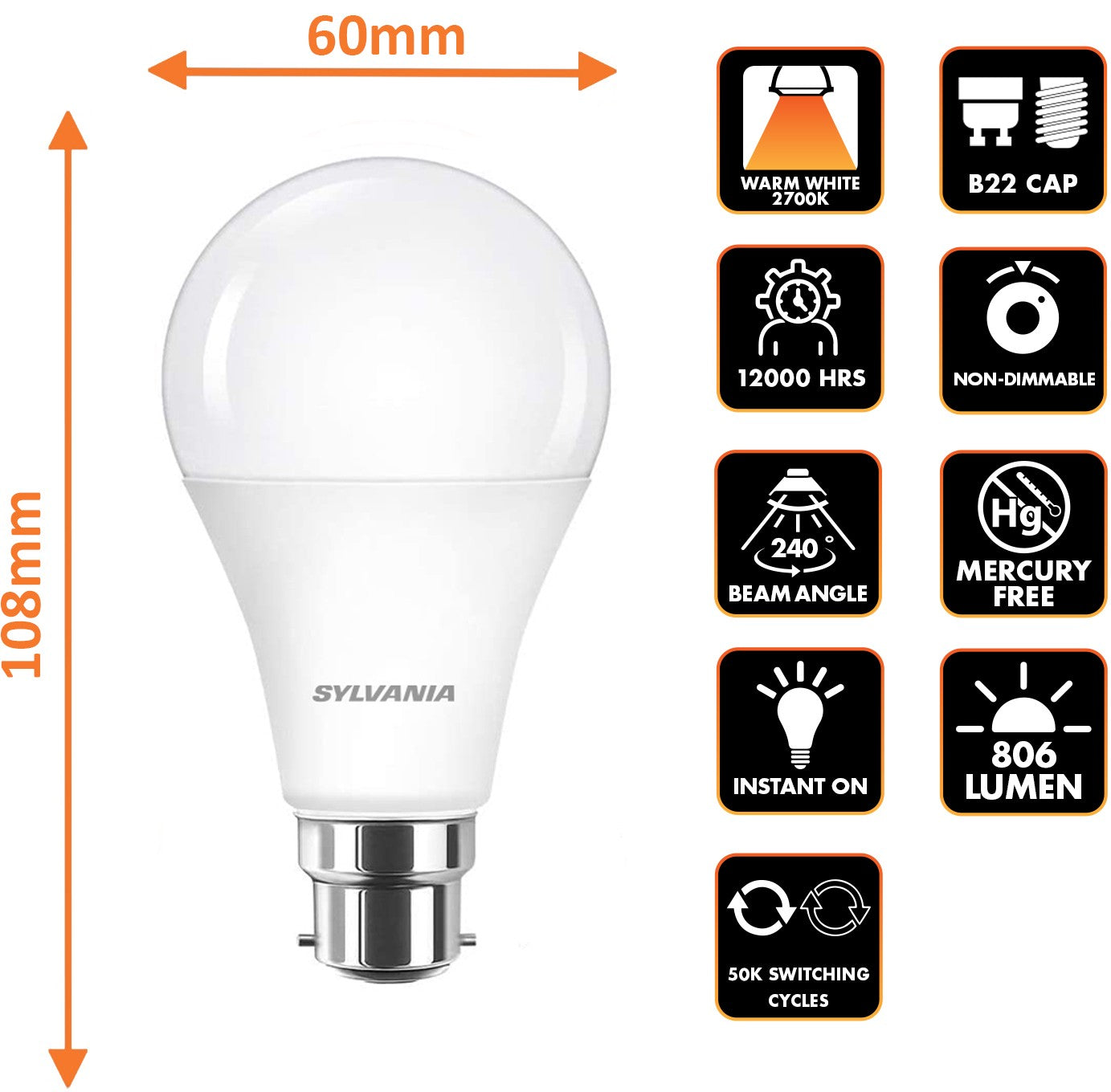B22 Frosted LED Bulbs 8W 806 Lumens Warm White 2700K - Sylvania 4 Pack