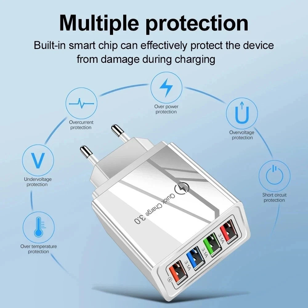 4 Multi-Port Fast Quick Charge USB Hub Mains UK Plug Adapter Wall Charger Phones