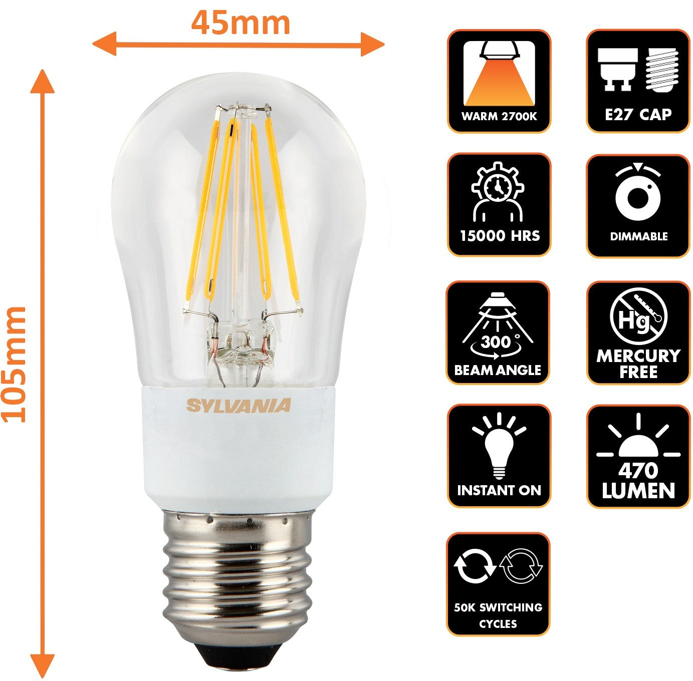 Dimmable E27 LED Light Bulbs, Golf Ball, Mini Globe, G45, 4.5W, 470 Lumens