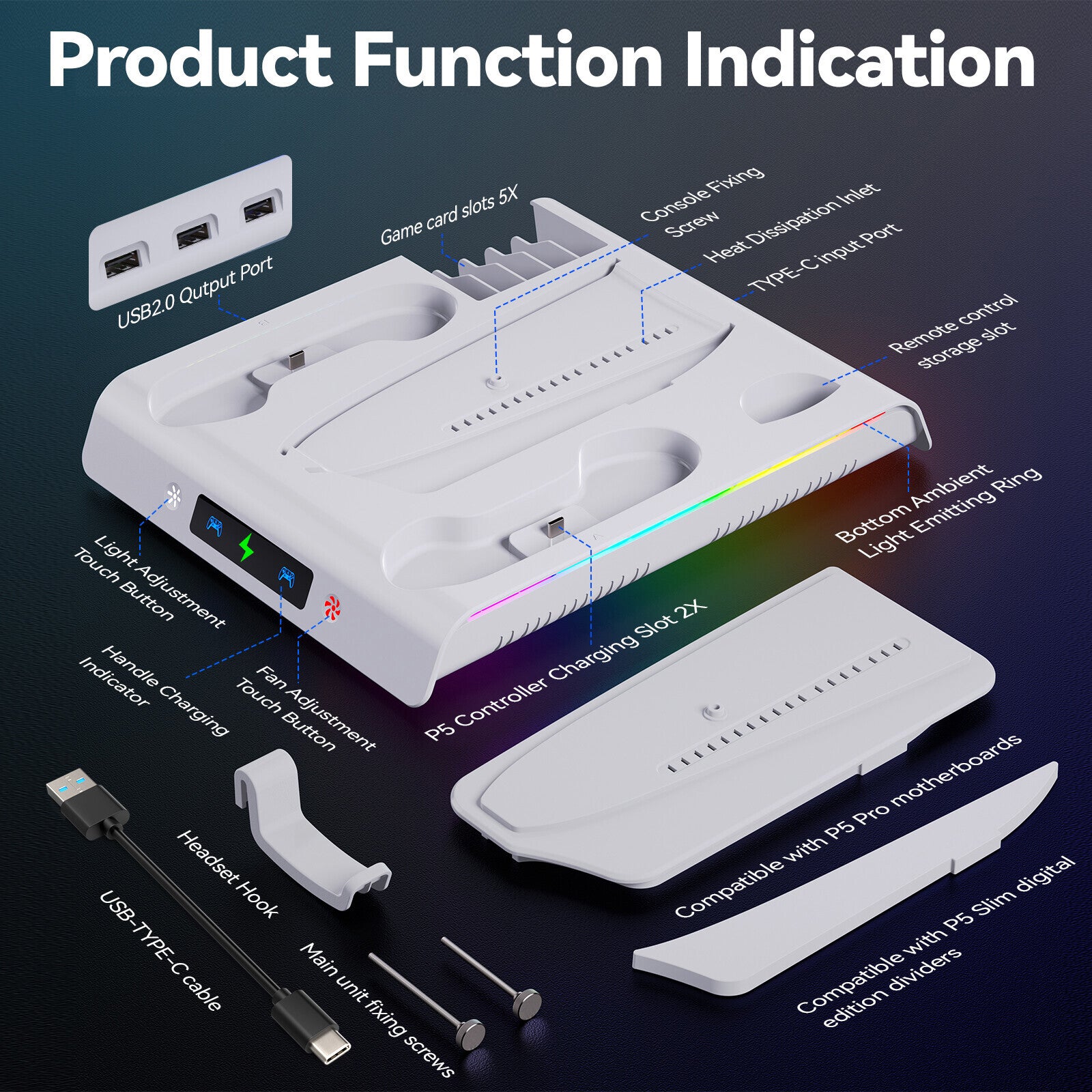 Vertical Cooling Fan Stand Dock Controller Charger Station For PS5