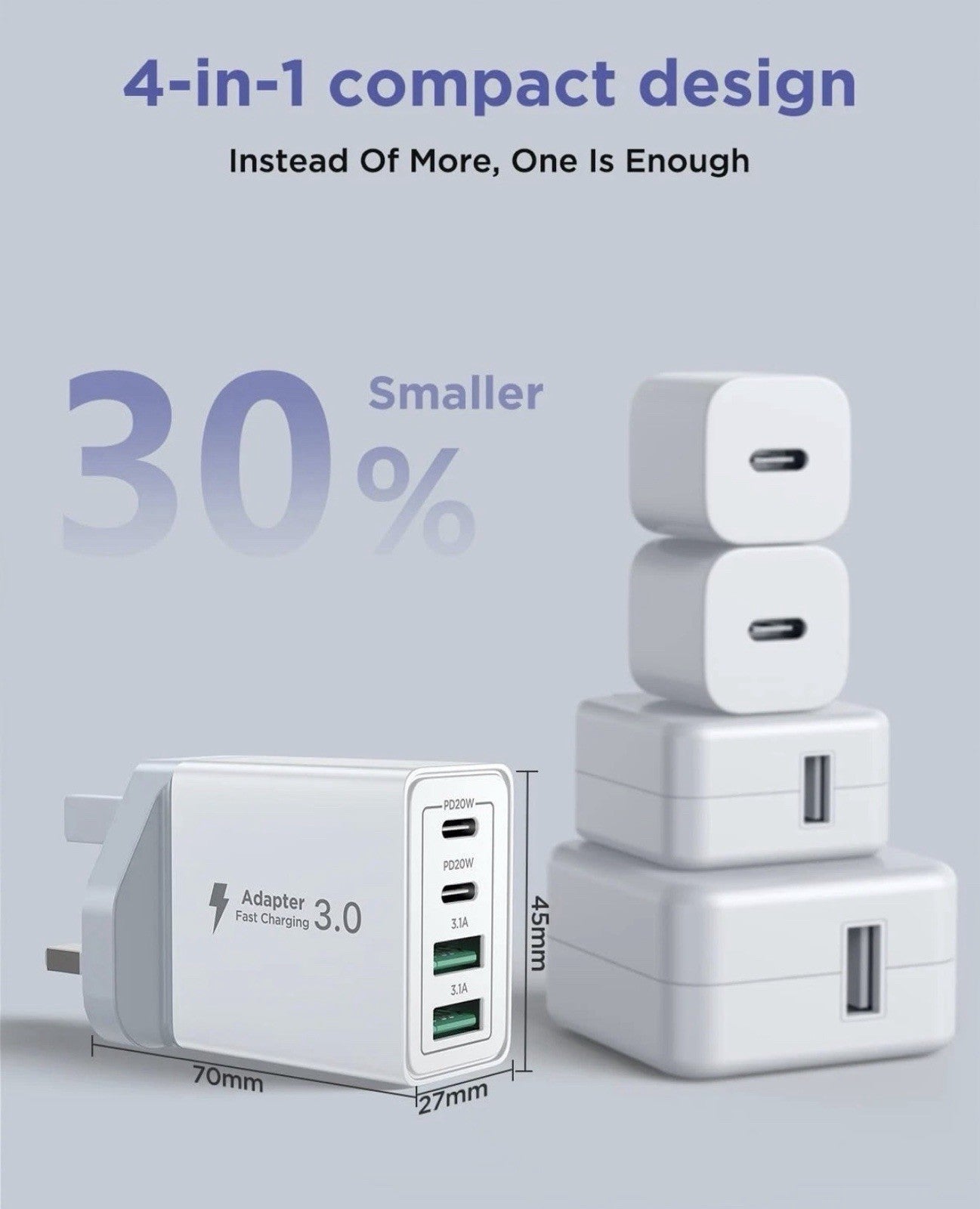 USB C Plug Fast Charge, 40W 4-Port PD Charger Plug Fast Charging UK with 6FT/2M