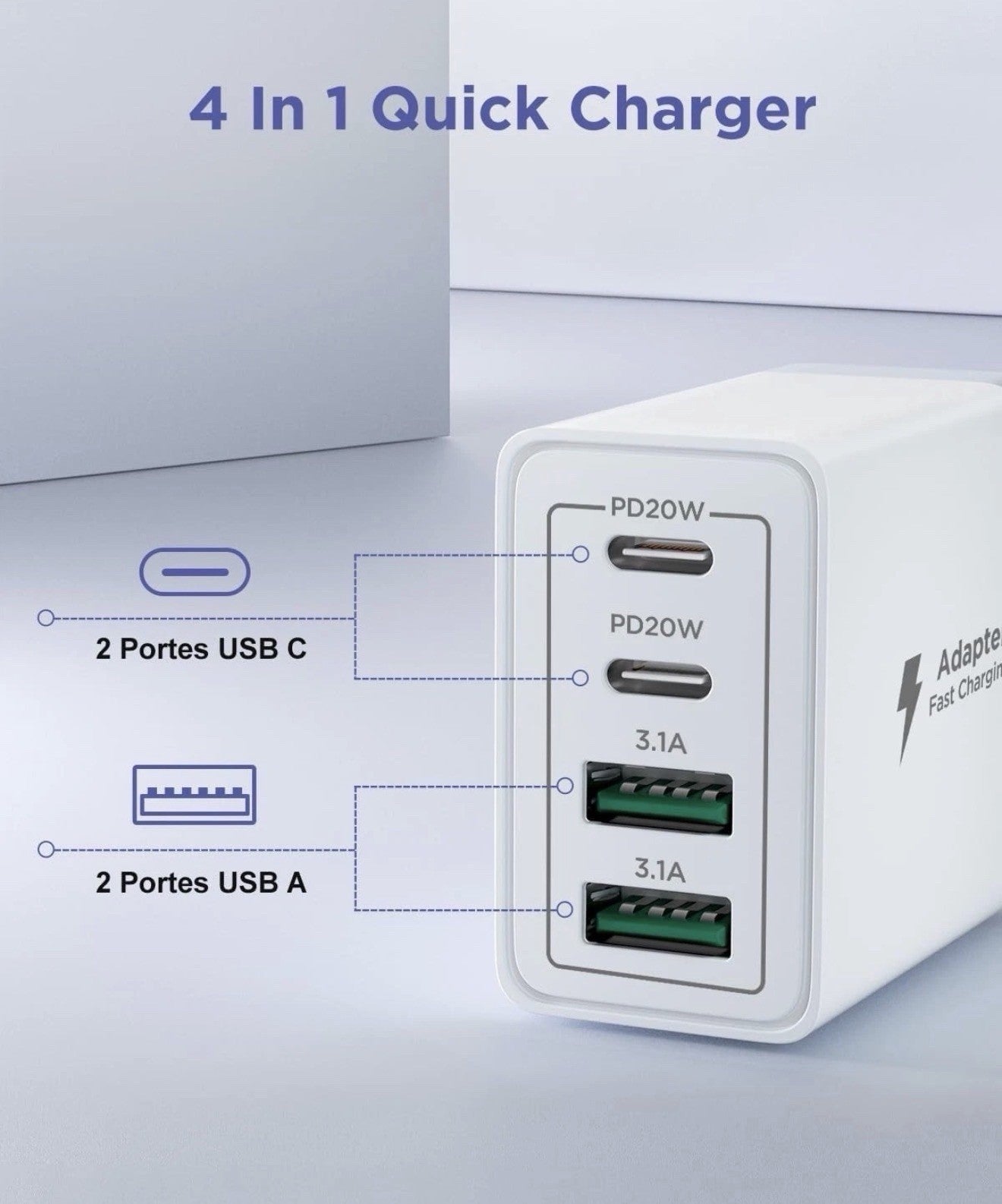 USB C Plug Fast Charge, 40W 4-Port PD Charger Plug Fast Charging UK with 6FT/2M
