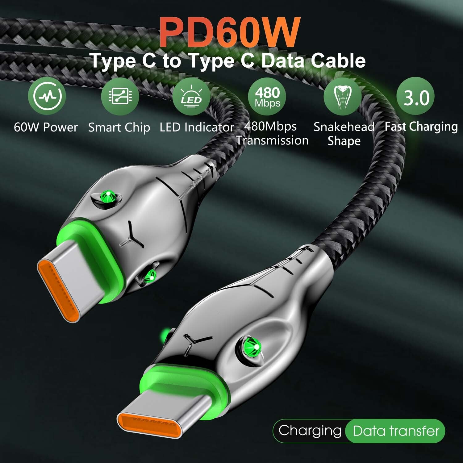 Type C to Type C Cable PD 60W Fast Charger Braided Long USB Lead LED For Samsung