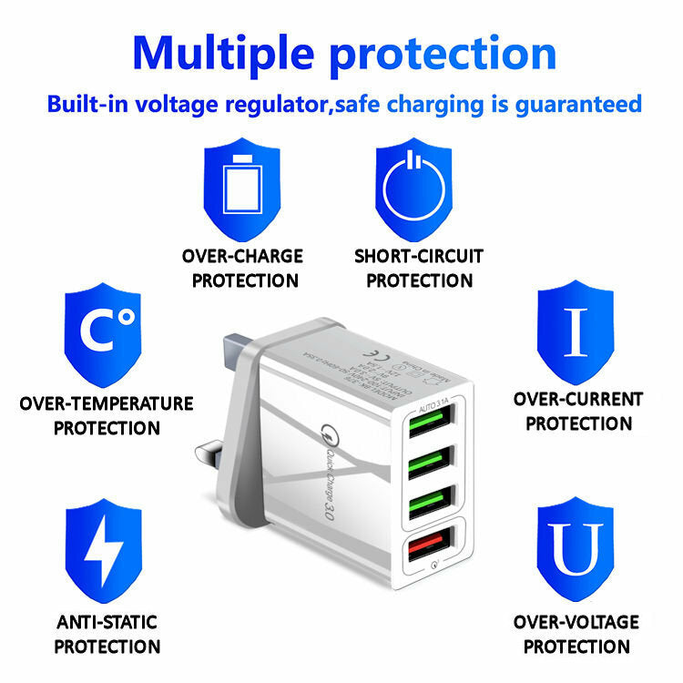 PowerPro Quick Charge 3.0 4x Multi USB Fast UK Plug Wall Charger Up to 3x faster