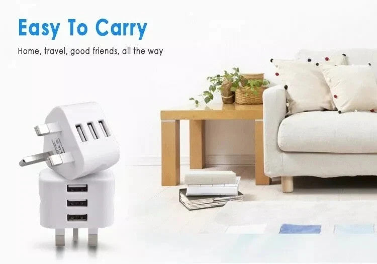 UK 3 Pin Dual USB Plug Adapter Mains Wall Charger 1/2/3-Port For Phones Tablet