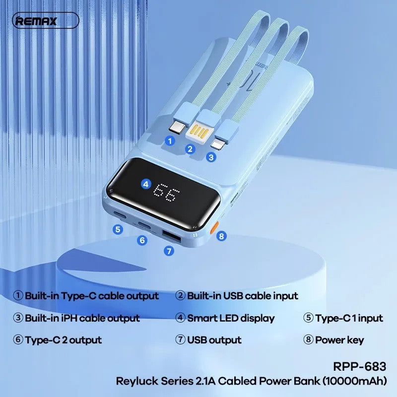 10000mAh Power Bank with Built-in Cables Fast Charging for iPhone ＆ Android