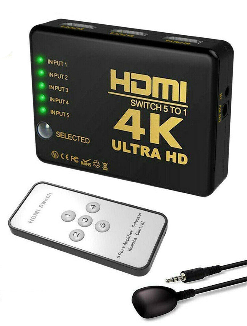 4K HDMI Switch Switcher Selector 5 Port Splitter Hub IR Remote For HDTV PS3