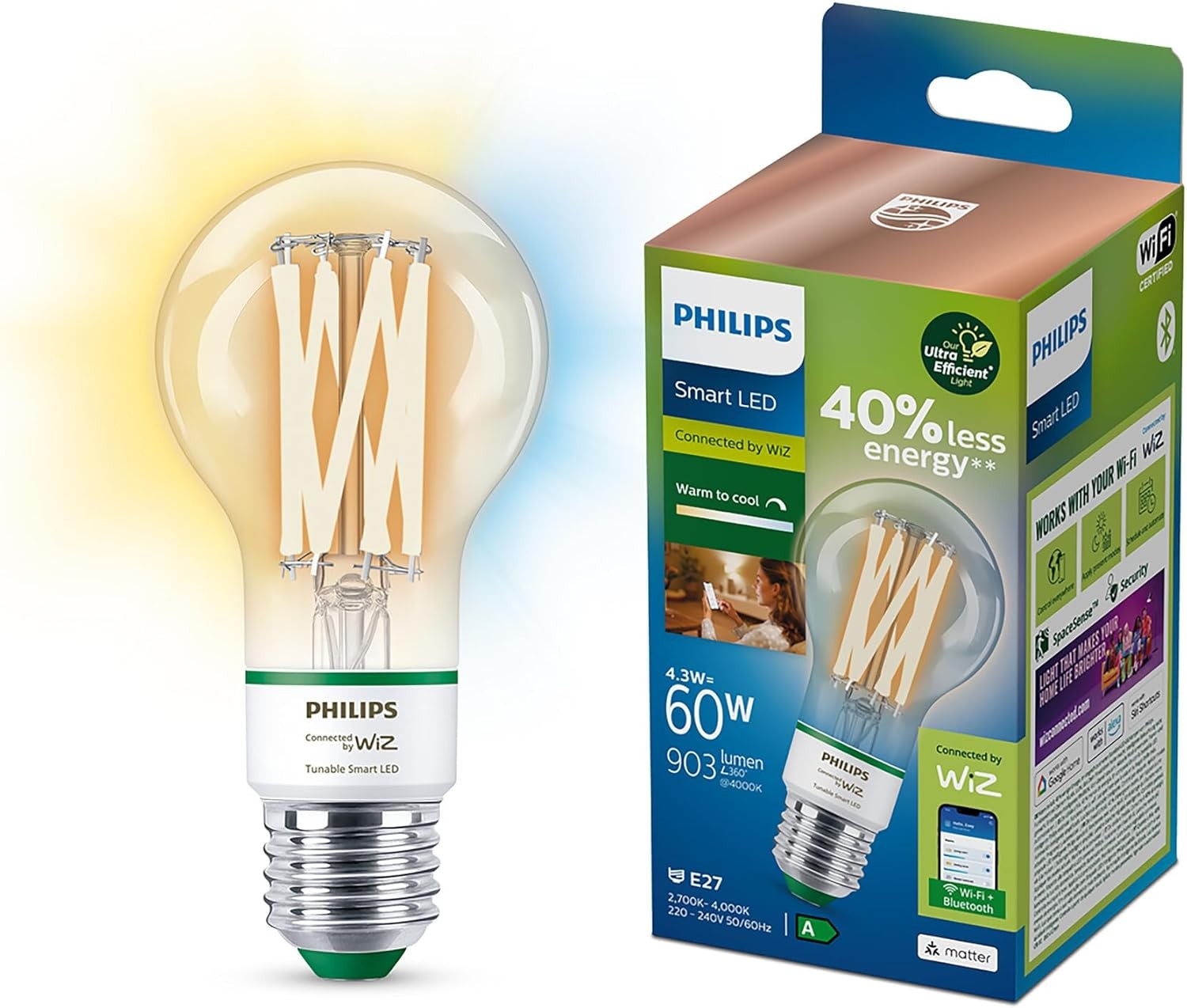 Philips Smart WiZ LED Light Bulb E27 903 Lumens Dimmable Cool Warm White Alexa