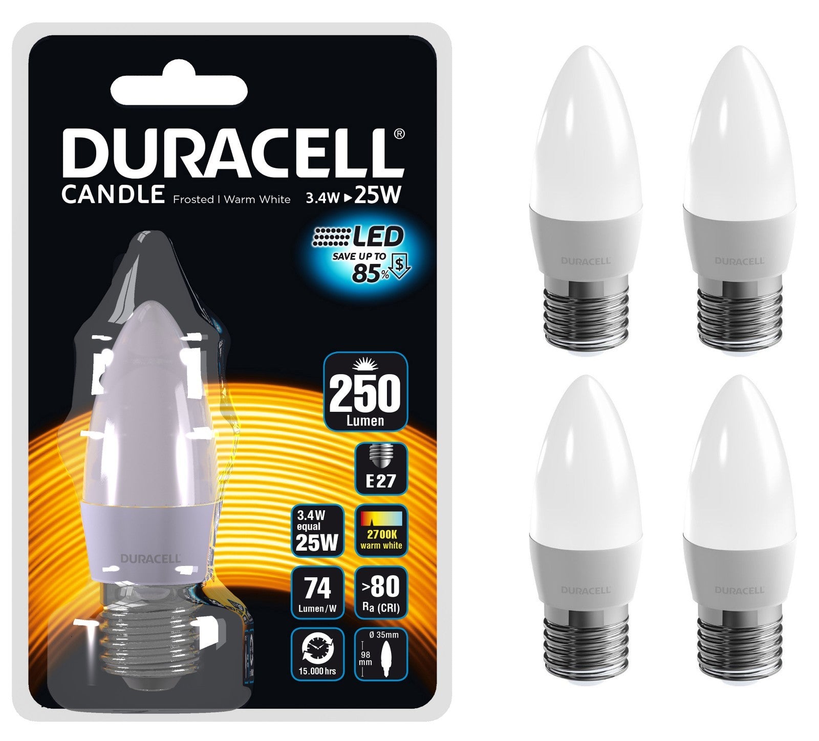 Duracell E27 LED Candle Bulb Frosted 3.4W 250 Lumens - 4 Pack