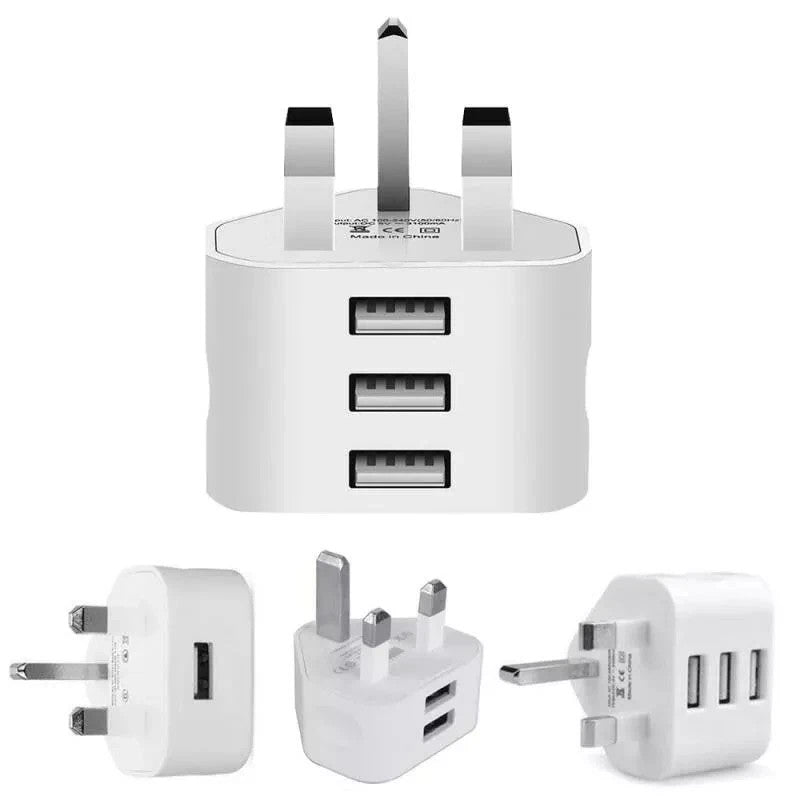 UK 3 Pin Dual USB Plug Adapter Mains Wall Charger 1/2/3-Port For Phones Tablet