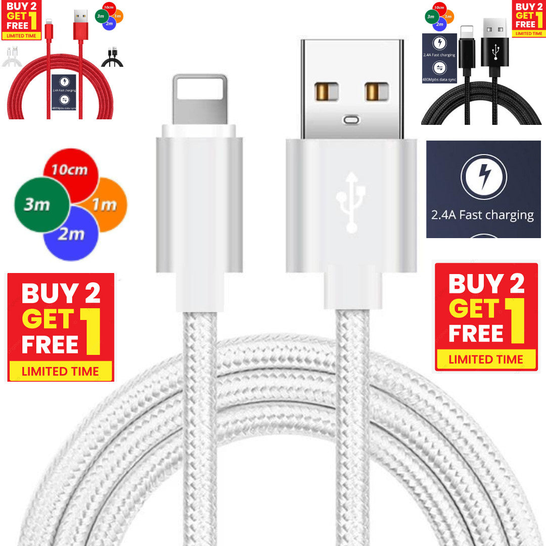 For iPhone Charger Cable Heavy Duty Braided USB Charging Lead Data Sync 1M 2M 3M