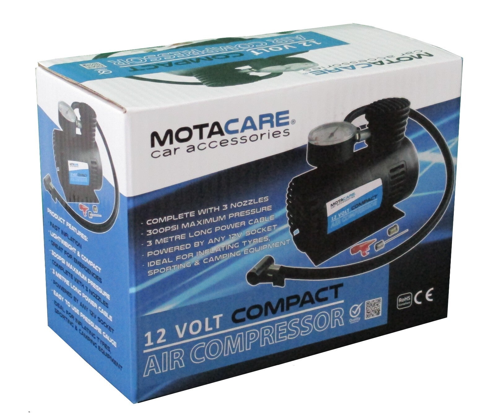 Tyre Air Compressor Pump 12V DC Car and Bike Inflator 300PSI Compact Motacare