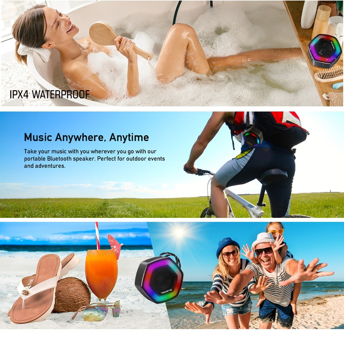 Wave Bluetooth Wireless Speaker Portable Waterproof RGB LED Extra Bass Loud TWS