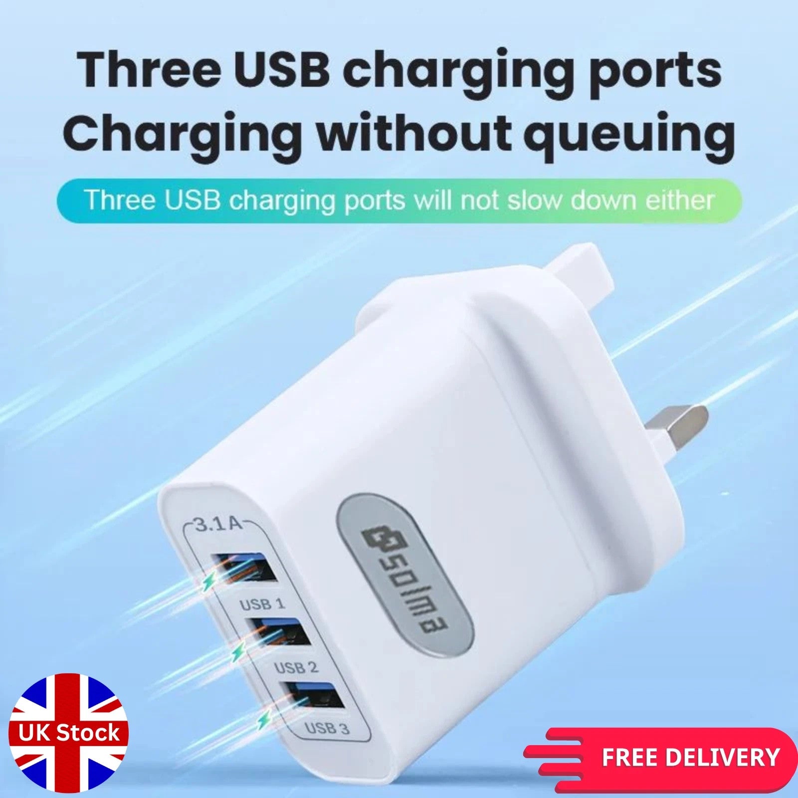 3 Multi-Port Fast Quick Charge USB UK Plug Adapter