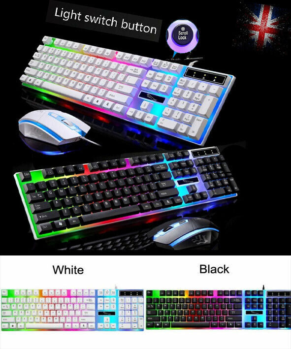 Gaming Keyboard Mouse Set USB Rainbow RGB LED Wired For PC Laptop PS5 Xbox One