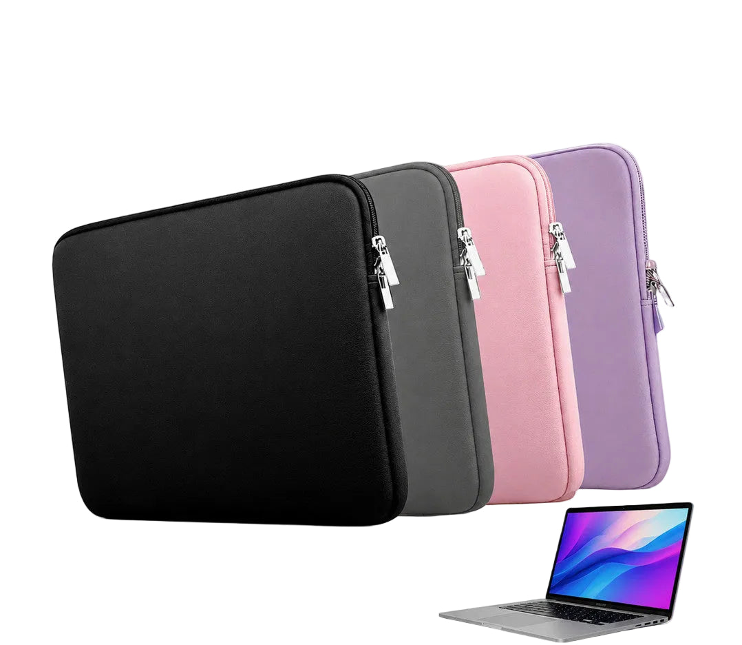Three notebook protection bags in black, gray, pink, and purple are shown on a light gray background with promotional text including 'UK', 'Notebook Protection Bag', 'FREE DELIVERY', and a laptop graphic.