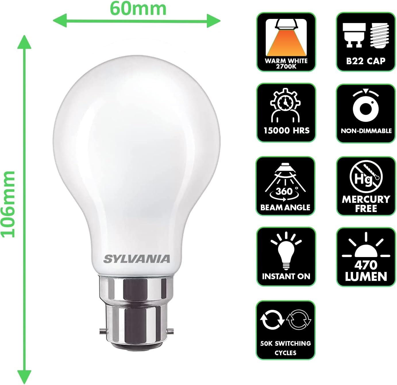 B22 Frosted LED Light Bulbs 4.5W 470 Lumens Warm White Sylvania 6 Pack