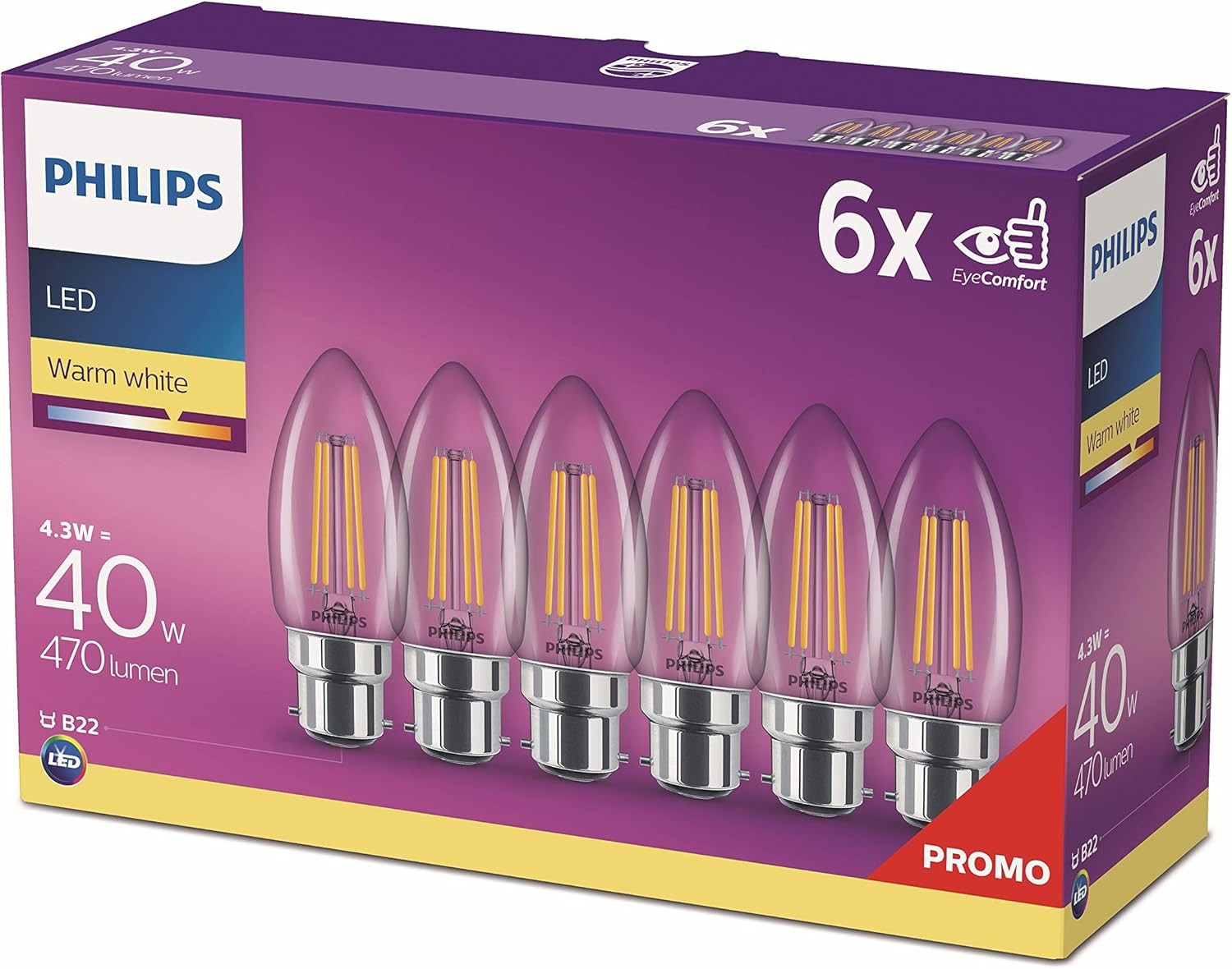 Philips LED Candle Filament Bulb B22 4W Warm White 2700K Pack of 6