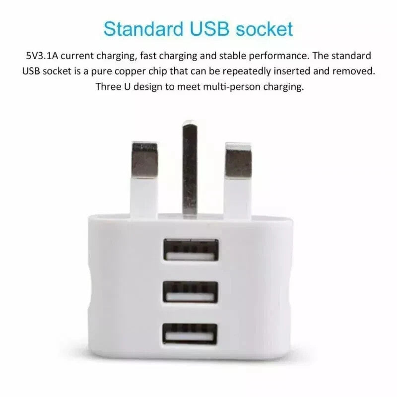UK 3 Pin Dual USB Plug Adapter Mains Wall Charger 1/2/3-Port For Phones Tablet