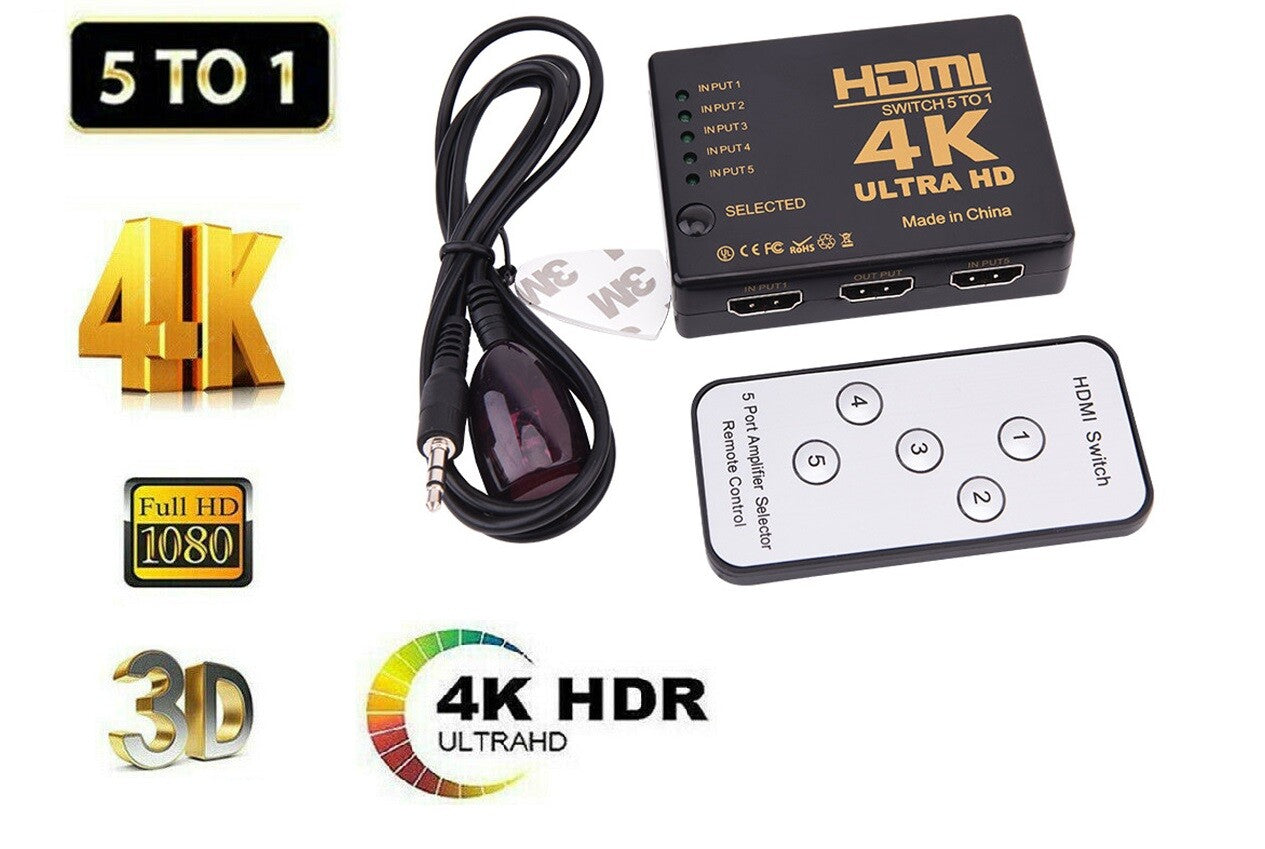 4K HDMI Switch Switcher Selector 5 Port Splitter Hub IR Remote For HDTV PS3