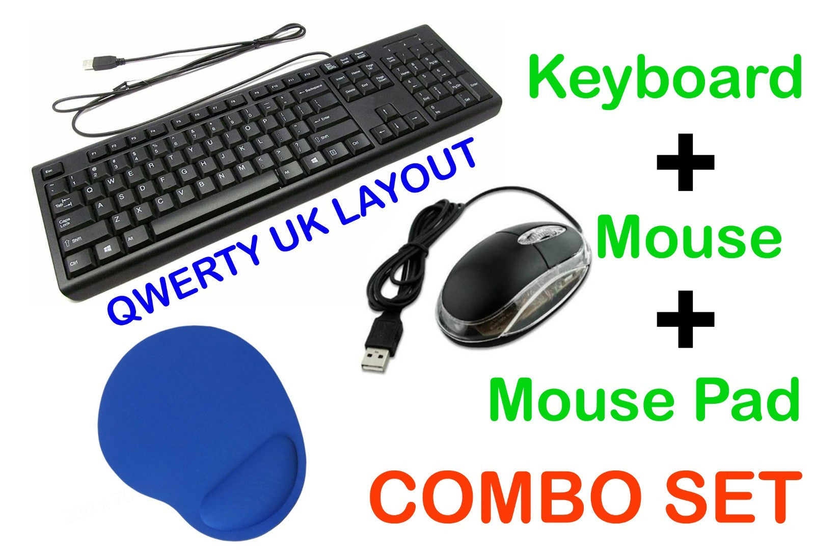 USB Wired OPTICAL Keyboard Mouse PAD MAT Combo Set UK layout PC Laptop Desktop