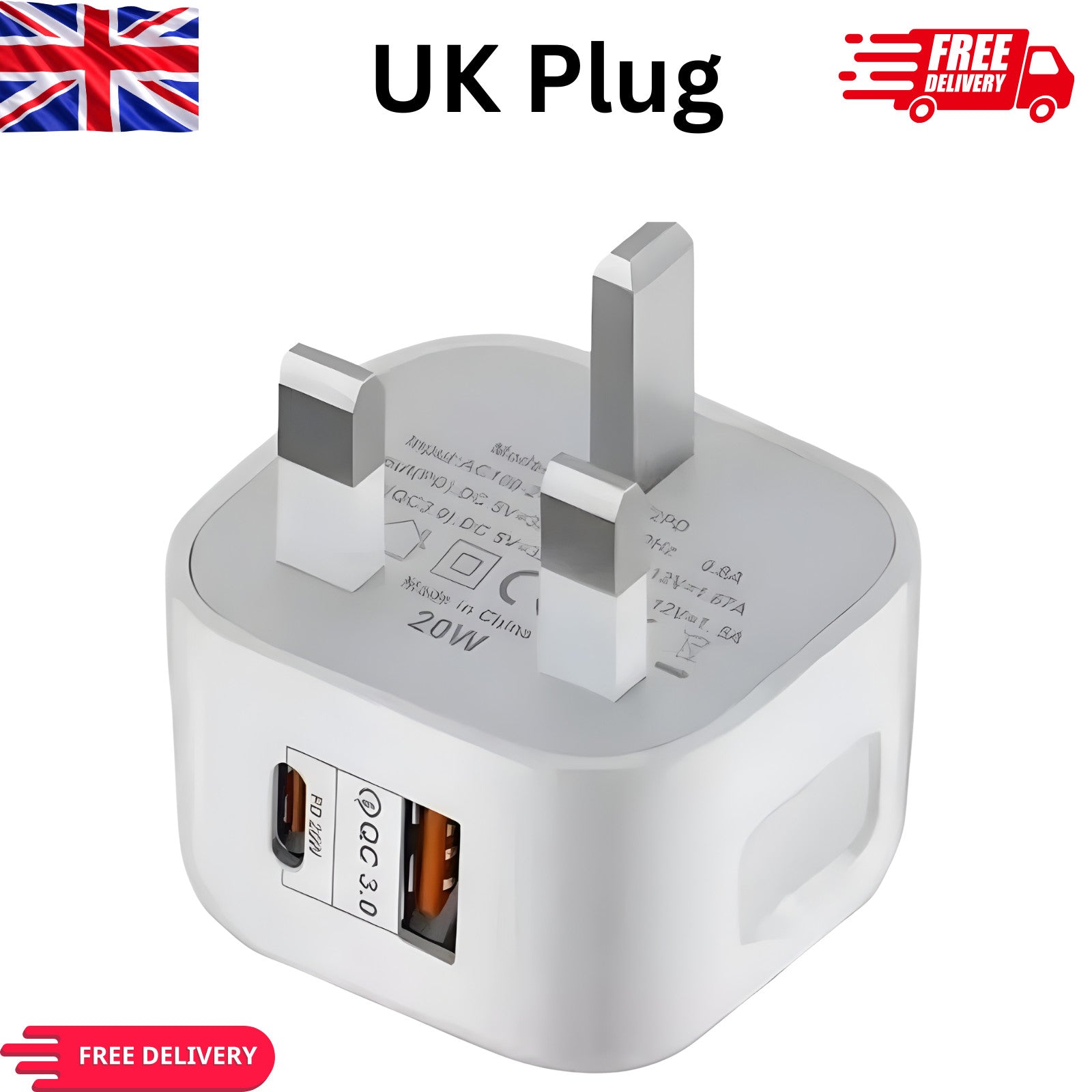 Fast Charging Dual Port Plug 20W - Type C & USB A Charger Adapter for UK Device