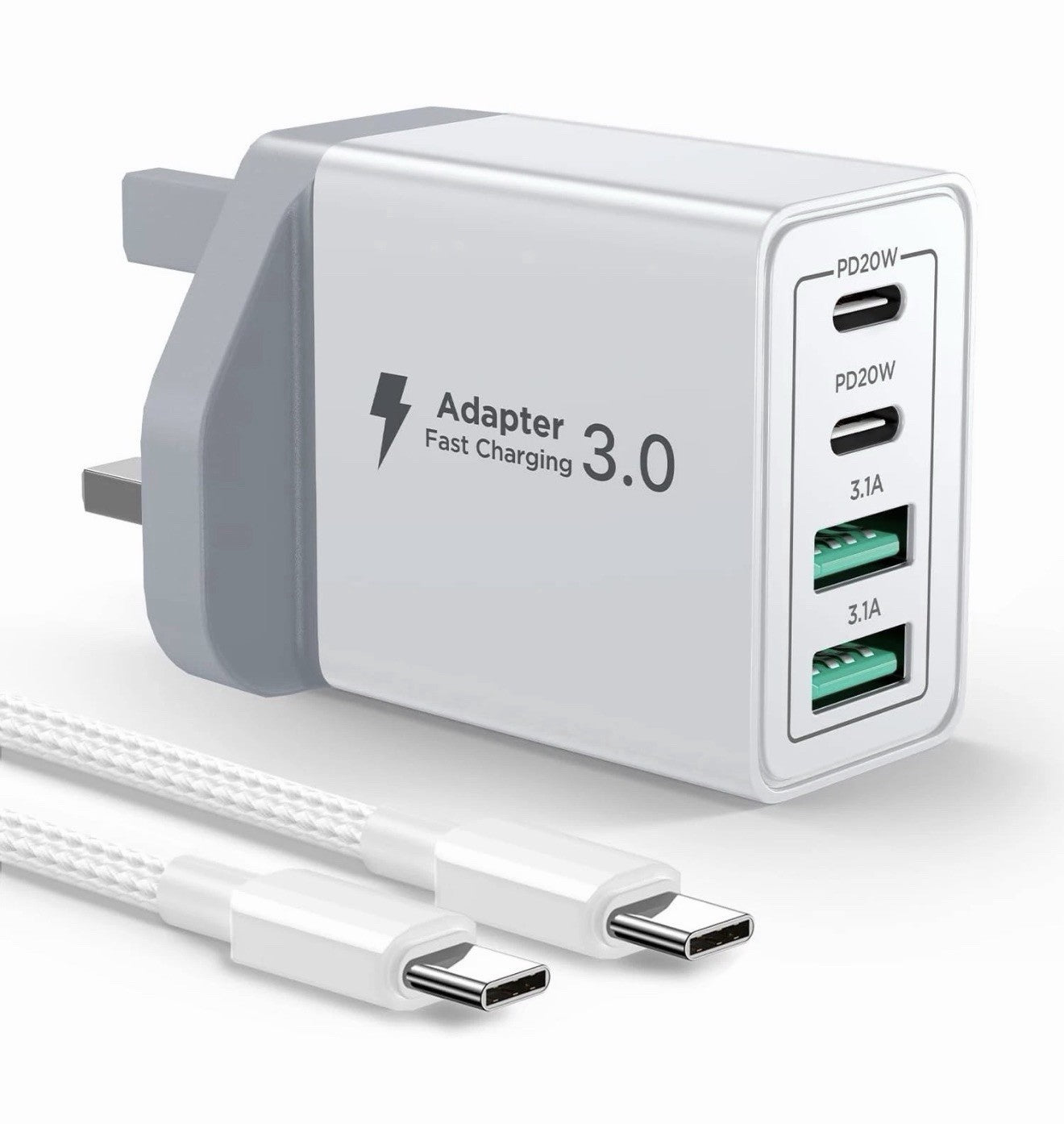 USB C Plug Fast Charge, 40W 4-Port PD Charger Plug Fast Charging UK with 6FT/2M
