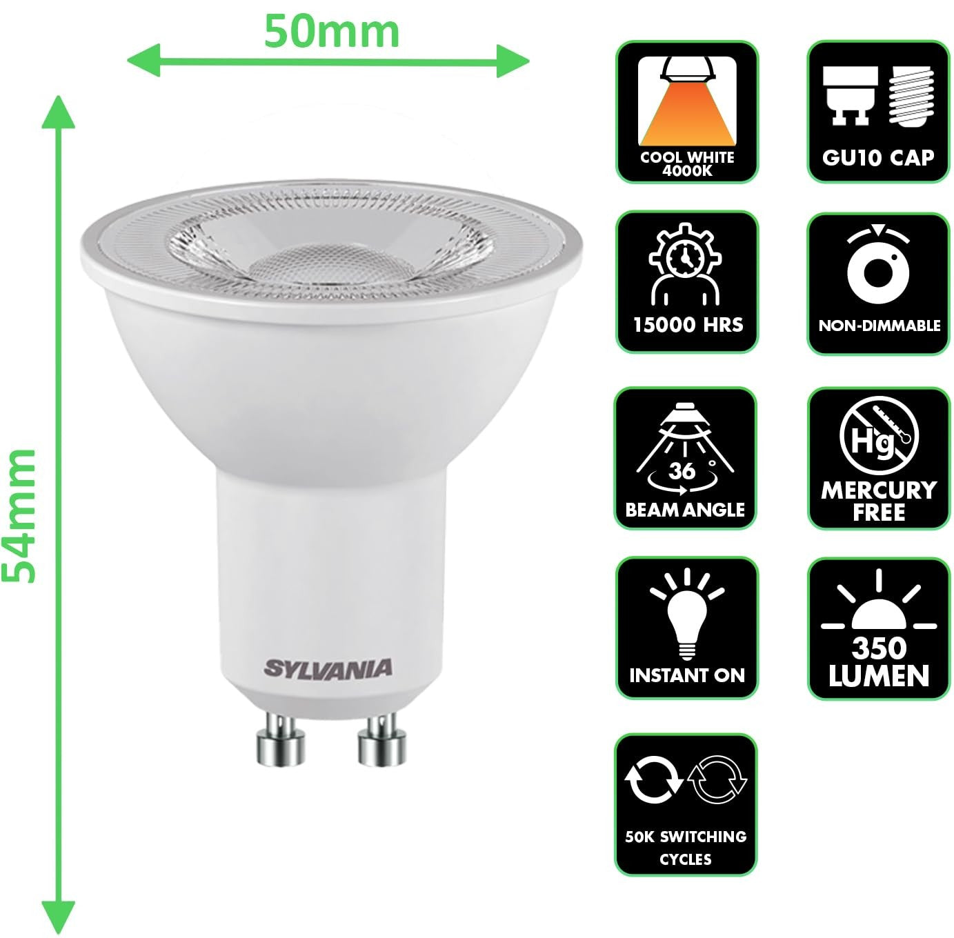 GU10 LED Light Bulbs 4.2W (50W Equivalent) Cool White 4000K - Sylvania 5 pack