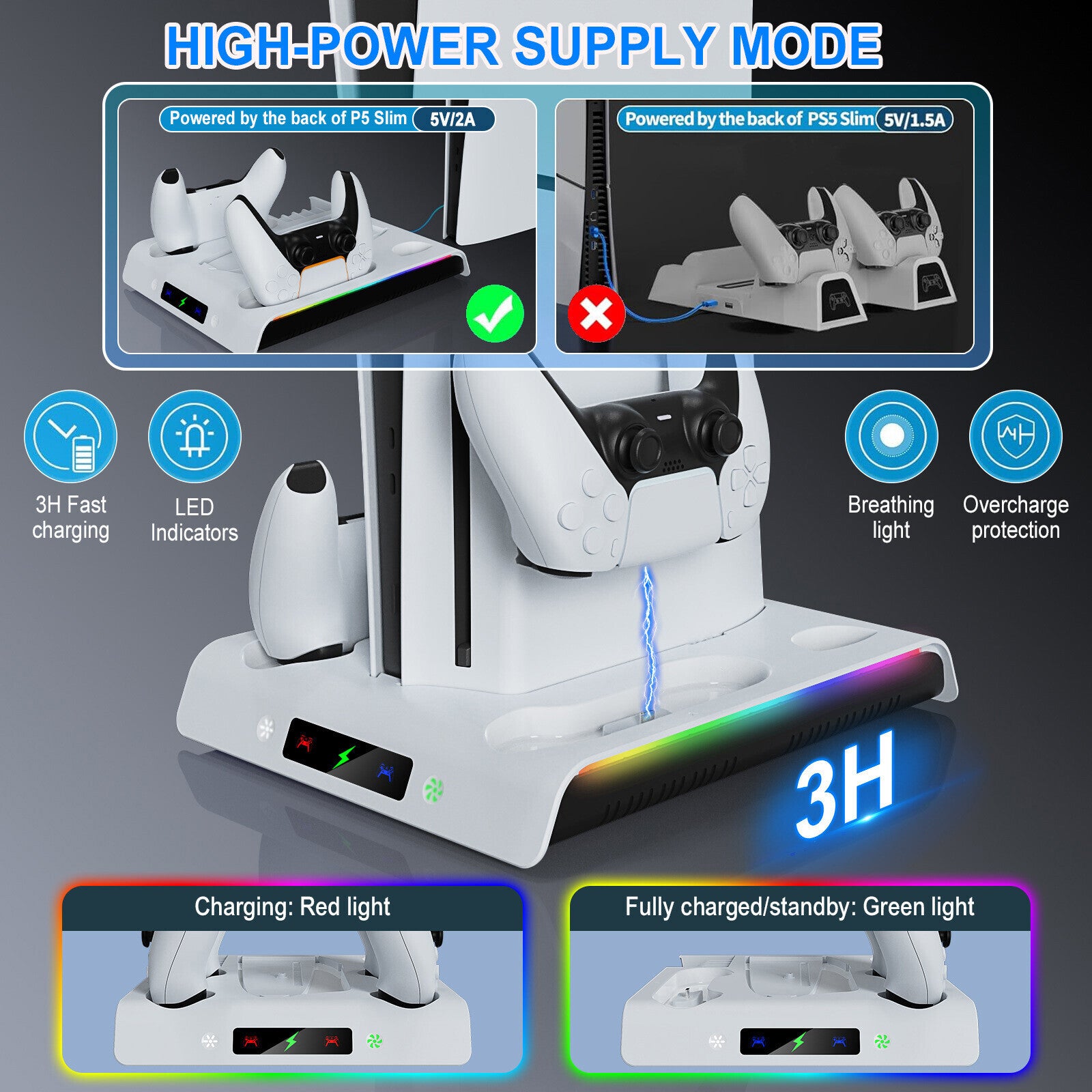 Vertical Cooling Fan Stand Dock Controller Charger Station For PS5