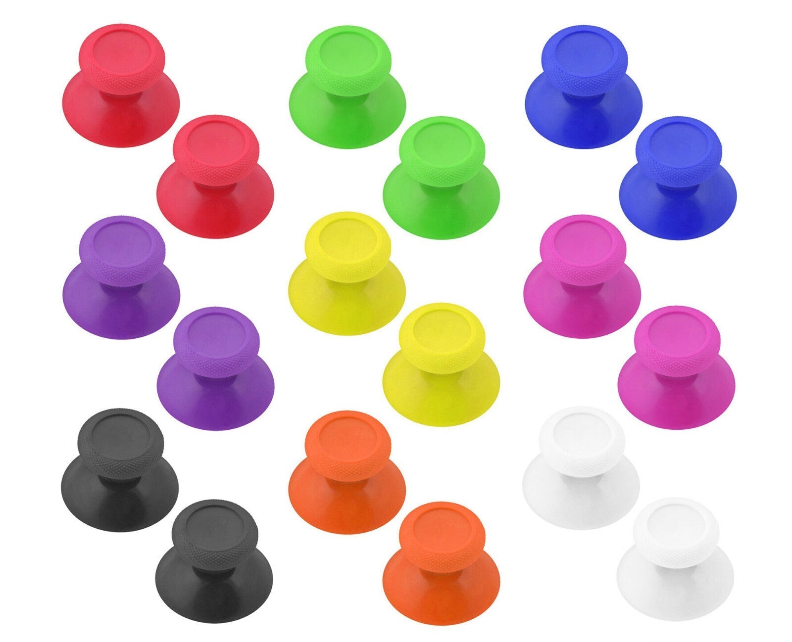A set of 20 thumbstick caps in various colors including red, green, blue, purple, yellow, pink, orange, black, and white, arranged on a white background with 'FREE&FAST SHIPPING' and 'CONTROLLERMODZ' logos at the bottom.