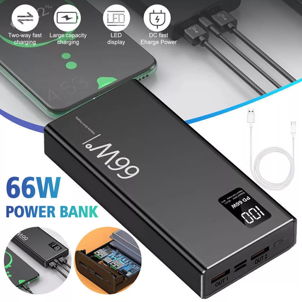 20000mAh 66W Portable Power Bank USB LCD External Battery Charger For Cell Phone